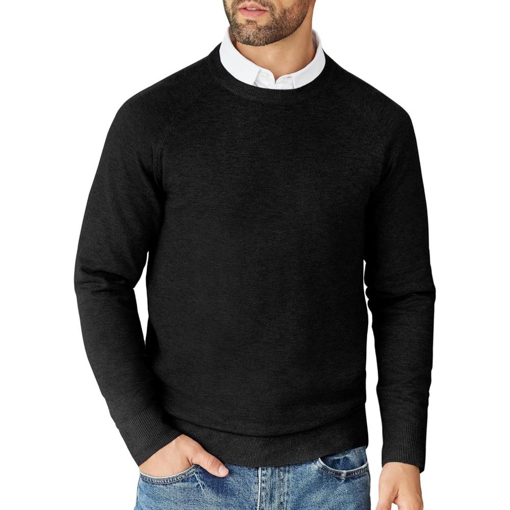 imageCOOFANDY Mens Crewneck Sweater Casual Dress Pullover Sweater Slim Fit Lightweight Long Sleeve Raglan SweatersBlack