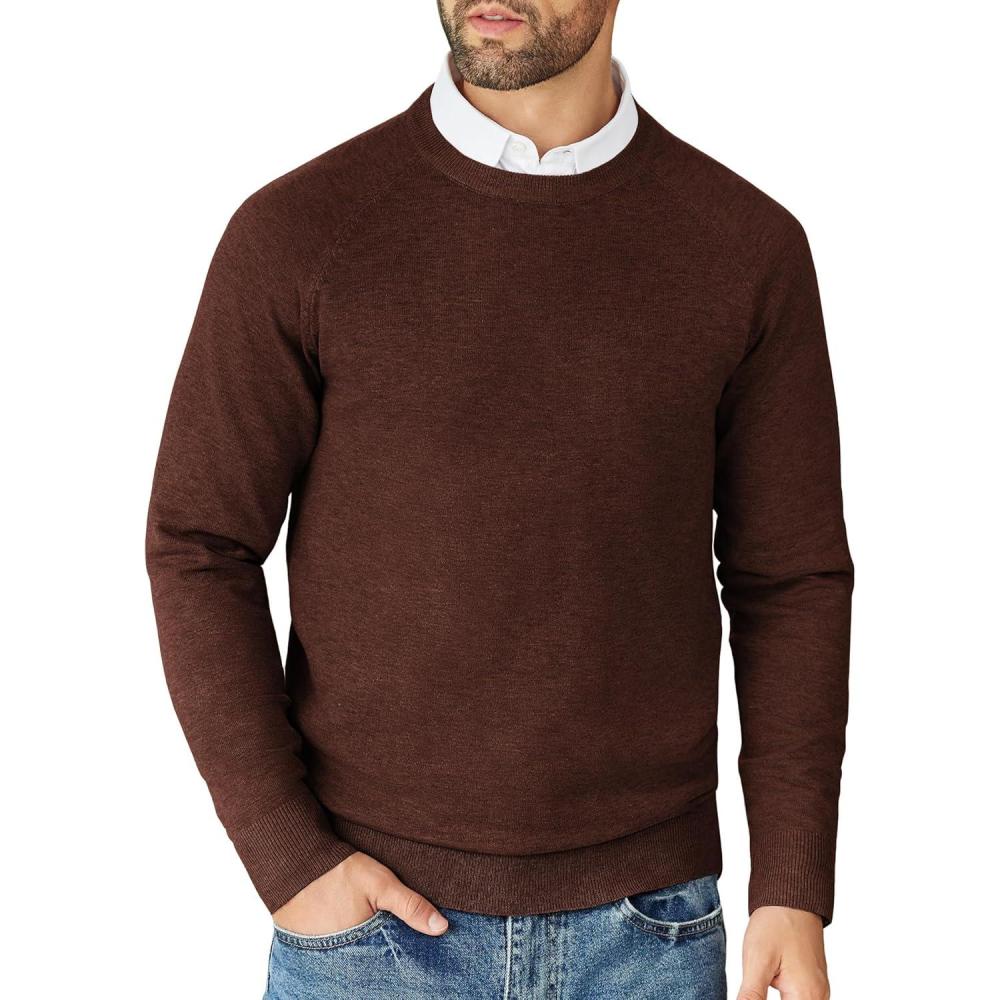 imageCOOFANDY Mens Crewneck Sweater Casual Dress Pullover Sweater Slim Fit Lightweight Long Sleeve Raglan SweatersBrown