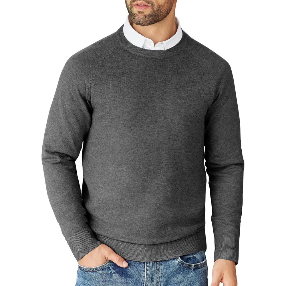 imageCOOFANDY Mens Crewneck Sweater Casual Dress Pullover Sweater Slim Fit Lightweight Long Sleeve Raglan SweatersDark Grey