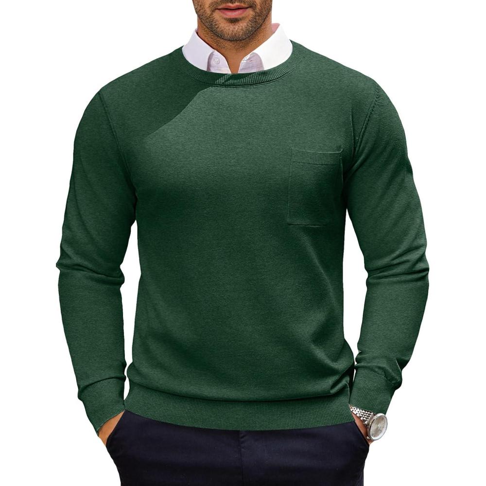 imageCOOFANDY Mens Crewneck Sweater Casual Lightweight Knitted Pullover Sweater with PocketDark Green