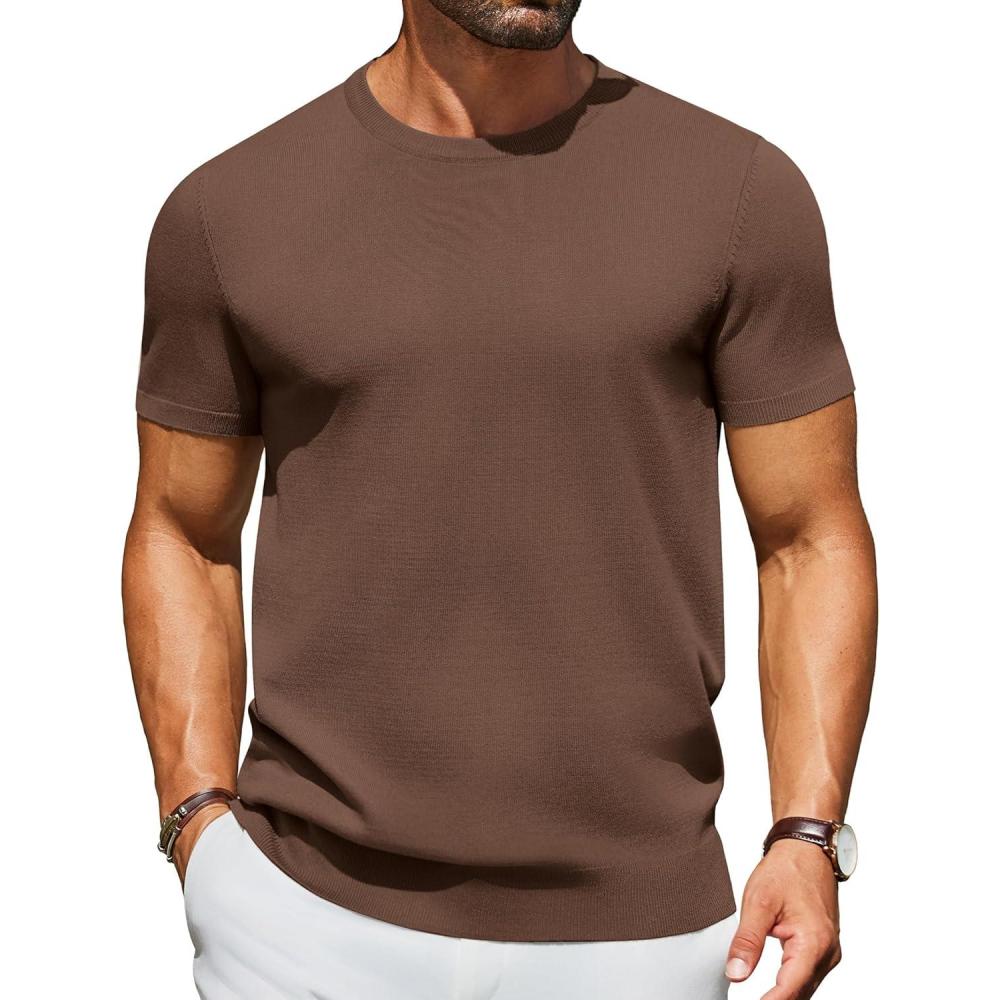 imageCOOFANDY Mens Crewneck Sweater Short Sleeve Casual Basic Tops Classic Fashion Knit Pullover TeesBrown