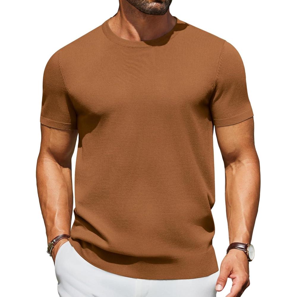 imageCOOFANDY Mens Crewneck Sweater Short Sleeve Casual Basic Tops Classic Fashion Knit Pullover TeesCaramel