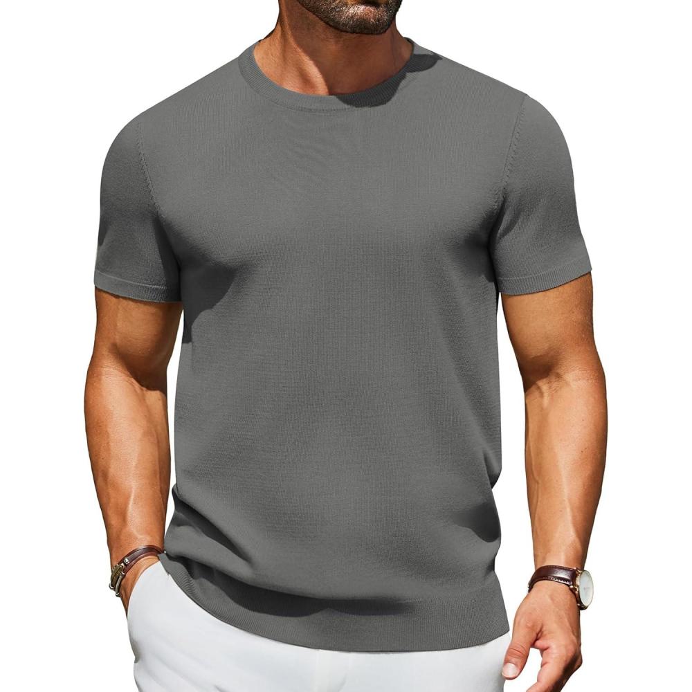 imageCOOFANDY Mens Crewneck Sweater Short Sleeve Casual Basic Tops Classic Fashion Knit Pullover TeesDark Grey