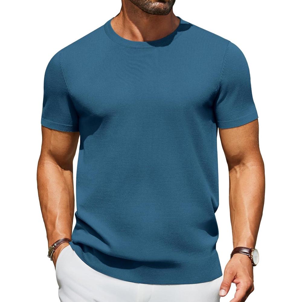 imageCOOFANDY Mens Crewneck Sweater Short Sleeve Casual Basic Tops Classic Fashion Knit Pullover TeesDemin Blue
