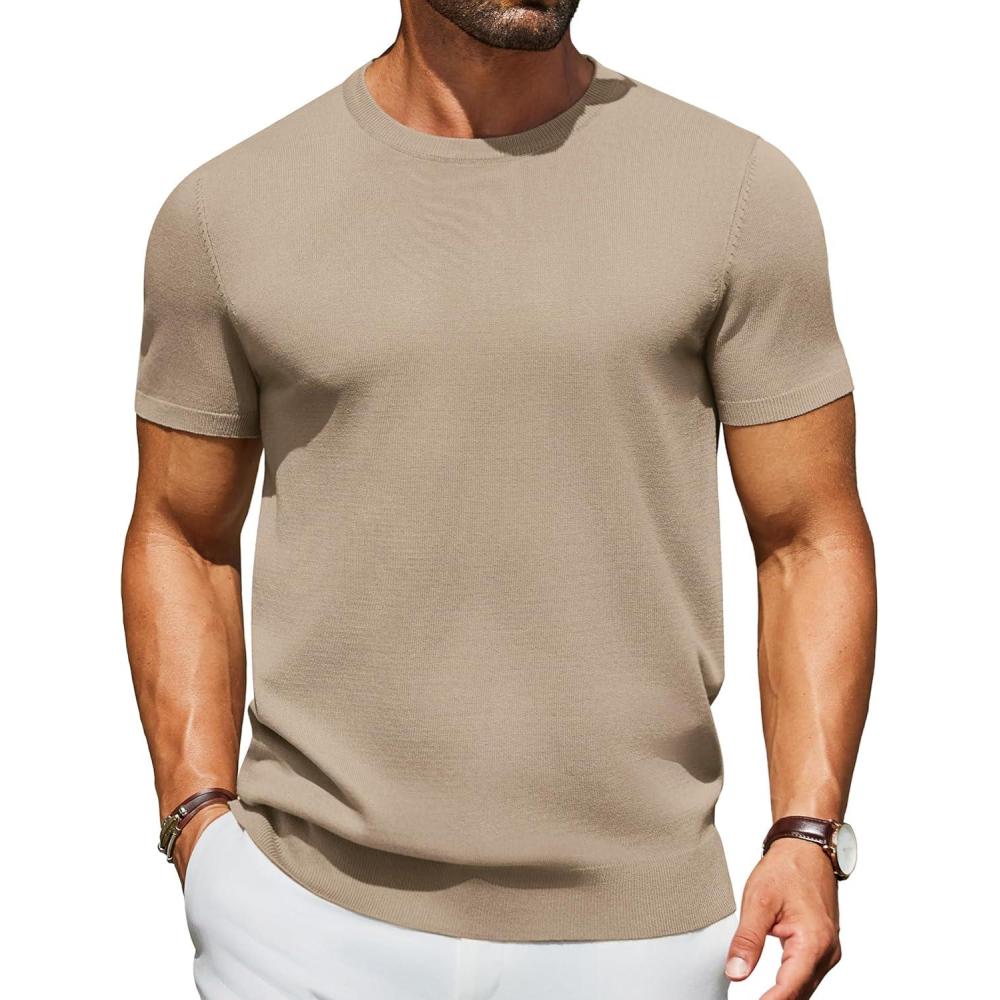 imageCOOFANDY Mens Crewneck Sweater Short Sleeve Casual Basic Tops Classic Fashion Knit Pullover TeesKhaki