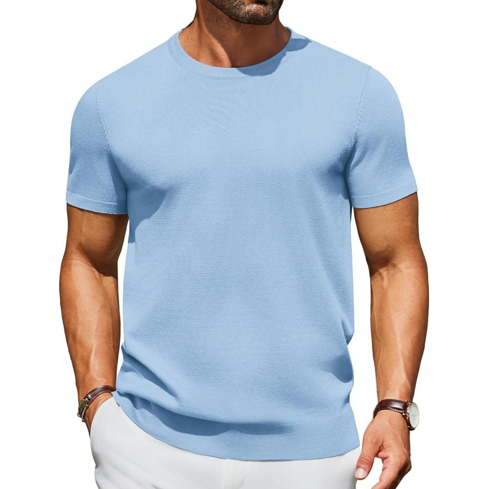 imageCOOFANDY Mens Crewneck Sweater Short Sleeve Casual Basic Tops Classic Fashion Knit Pullover TeesLight Blue