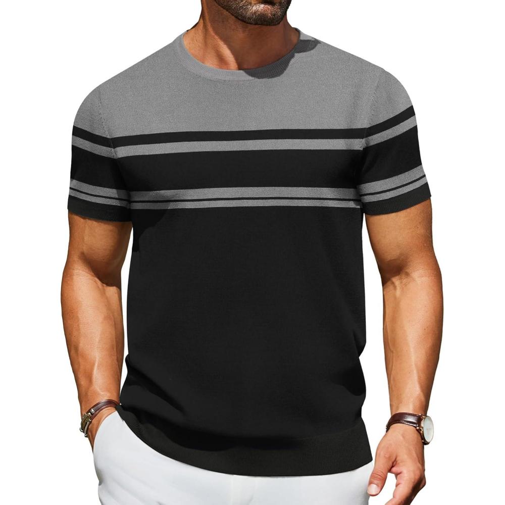 imageCOOFANDY Mens Crewneck Sweater Short Sleeve Casual Basic Tops Classic Fashion Knit Pullover TeesStripe  Black  Grey