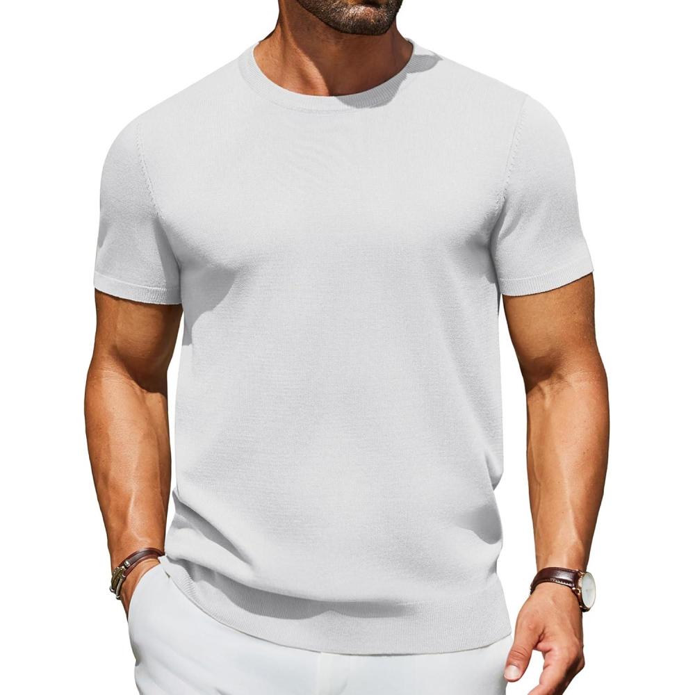 imageCOOFANDY Mens Crewneck Sweater Short Sleeve Casual Basic Tops Classic Fashion Knit Pullover TeesWhite