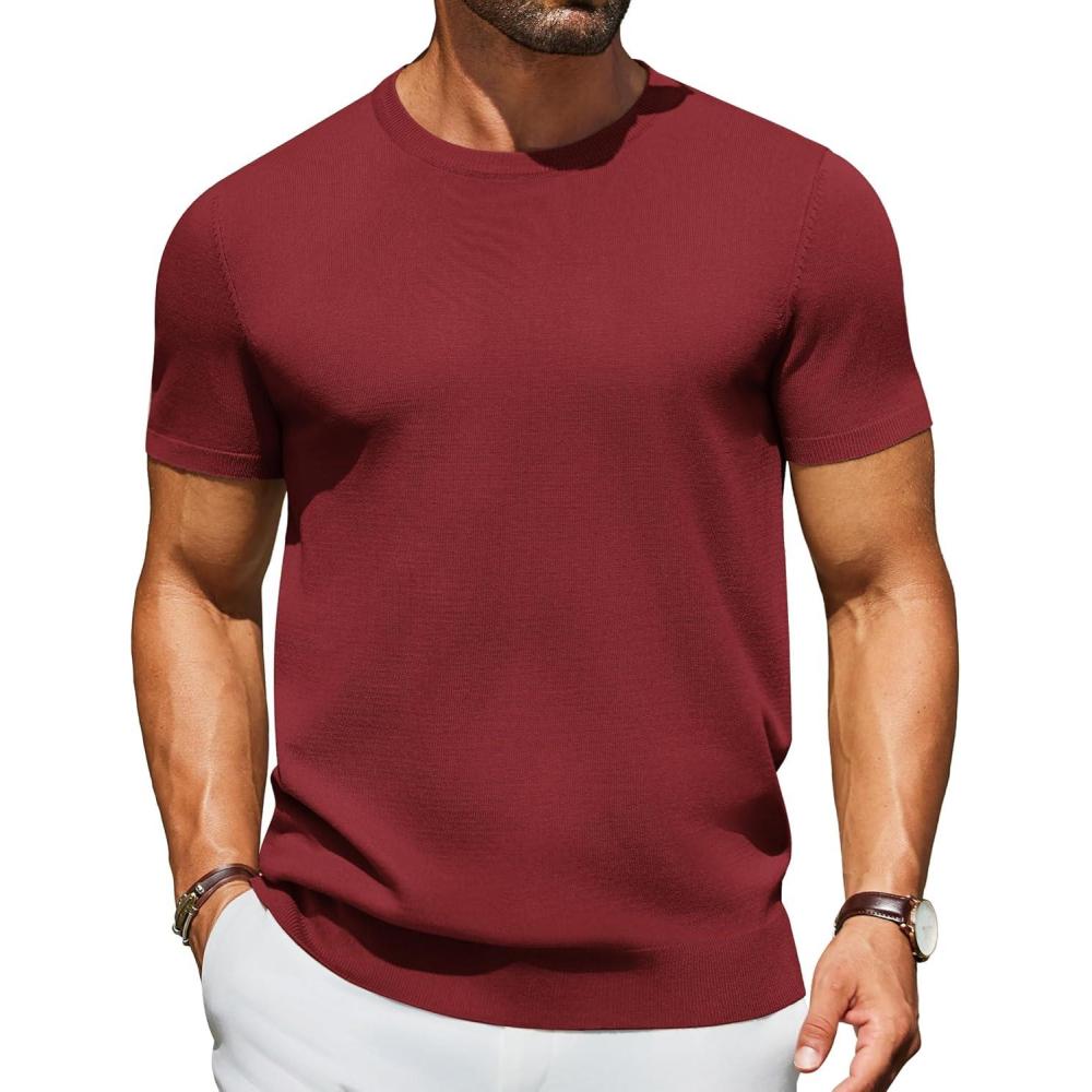 imageCOOFANDY Mens Crewneck Sweater Short Sleeve Casual Basic Tops Classic Fashion Knit Pullover TeesWine Red