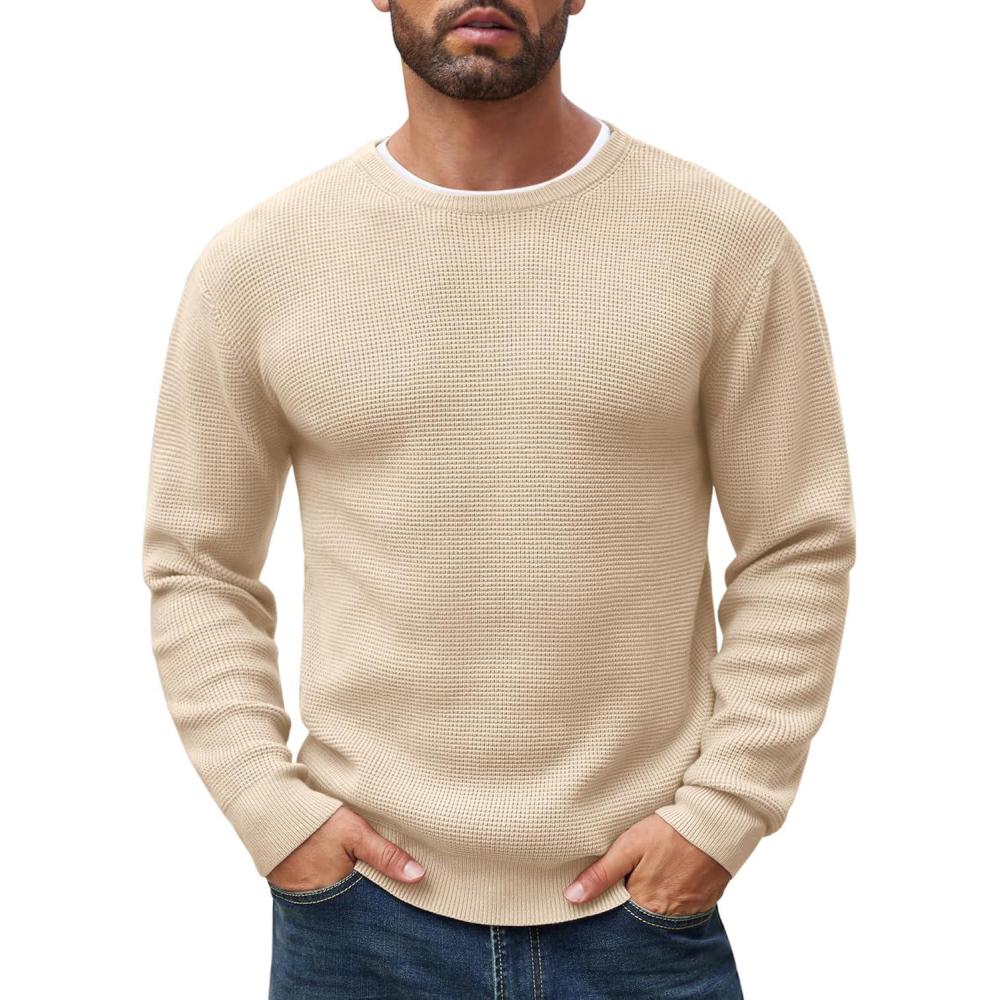 imageCOOFANDY Mens Crewneck Sweater Waffle Textured Pullover Sweaters Soft Midweight Knitted SweatersBeige