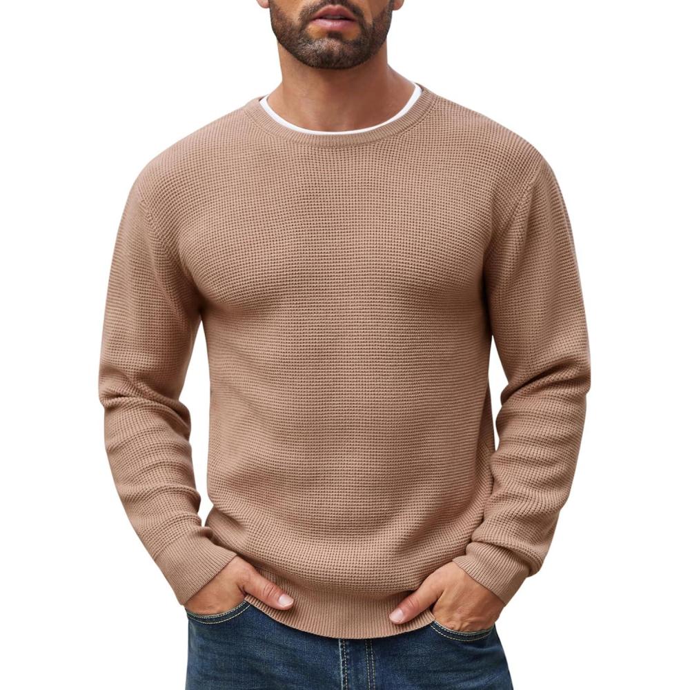 imageCOOFANDY Mens Crewneck Sweater Waffle Textured Pullover Sweaters Soft Midweight Knitted SweatersCamel