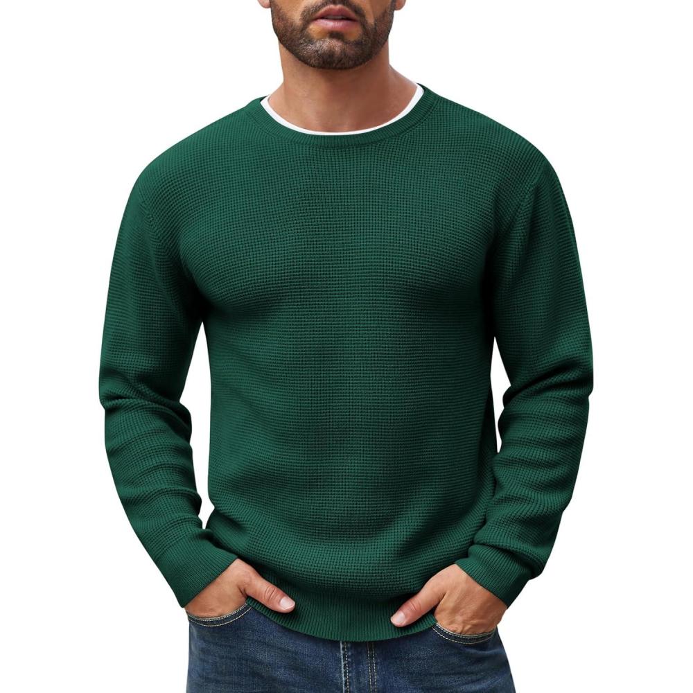 imageCOOFANDY Mens Crewneck Sweater Waffle Textured Pullover Sweaters Soft Midweight Knitted SweatersGreen