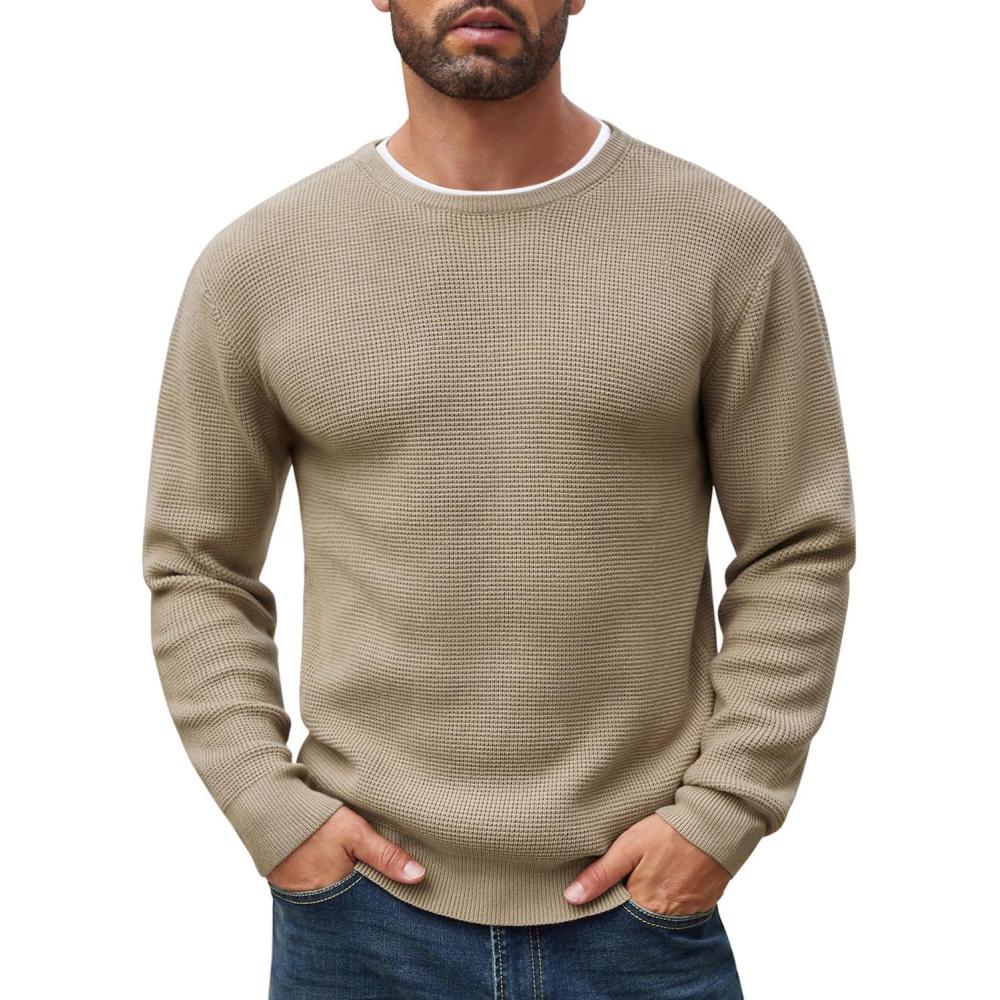 imageCOOFANDY Mens Crewneck Sweater Waffle Textured Pullover Sweaters Soft Midweight Knitted SweatersKhaki