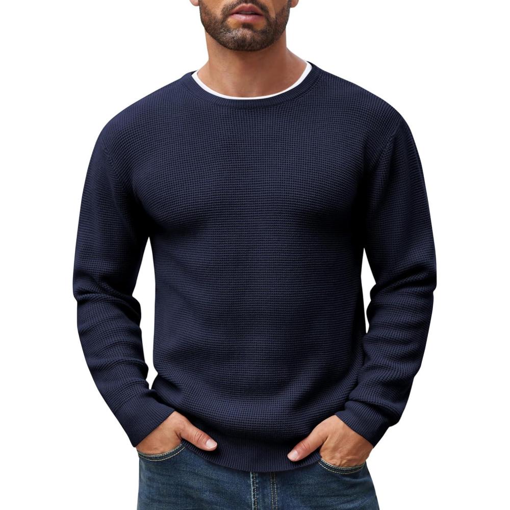 imageCOOFANDY Mens Crewneck Sweater Waffle Textured Pullover Sweaters Soft Midweight Knitted SweatersNavy Blue