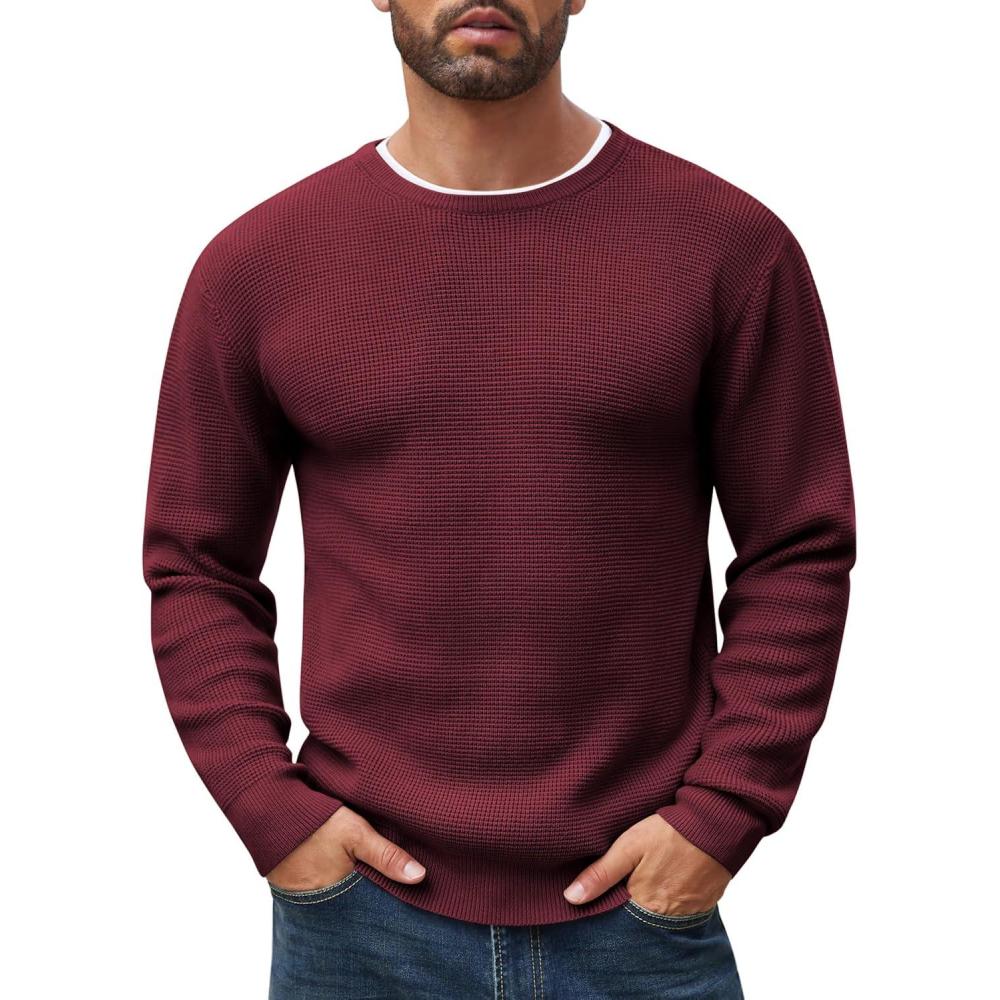 imageCOOFANDY Mens Crewneck Sweater Waffle Textured Pullover Sweaters Soft Midweight Knitted SweatersWine Red