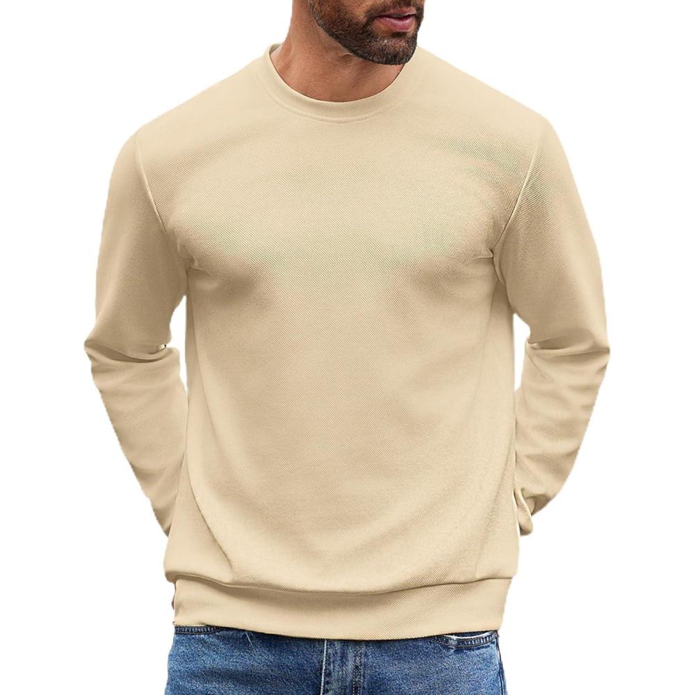 imageCOOFANDY Mens Crewneck Sweatshirts Long Sleeve Basic Pullover Shirts Twill Textured Soild Casual TopsApricot