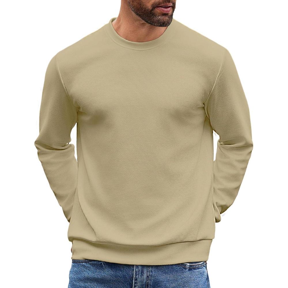 imageCOOFANDY Mens Crewneck Sweatshirts Long Sleeve Basic Pullover Shirts Twill Textured Soild Casual TopsLight Khaki