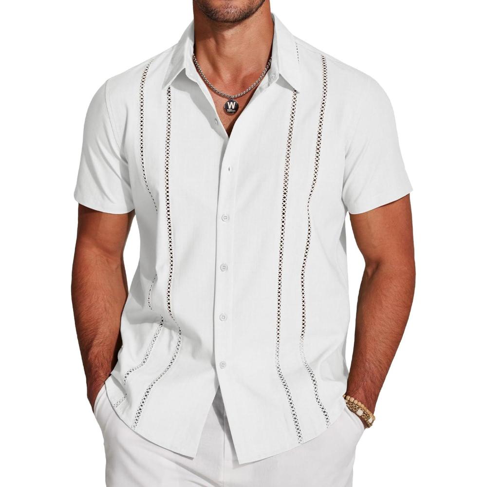 imageCOOFANDY Mens Cuban Guayabera Shirt Short Sleeve Button Down Shirts Casual Summer Beach Linen Shirts AWhite