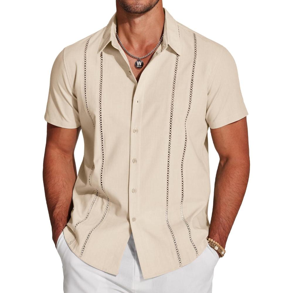 imageCOOFANDY Mens Cuban Guayabera Shirt Short Sleeve Button Down Shirts Casual Summer Beach Linen ShirtsBeige