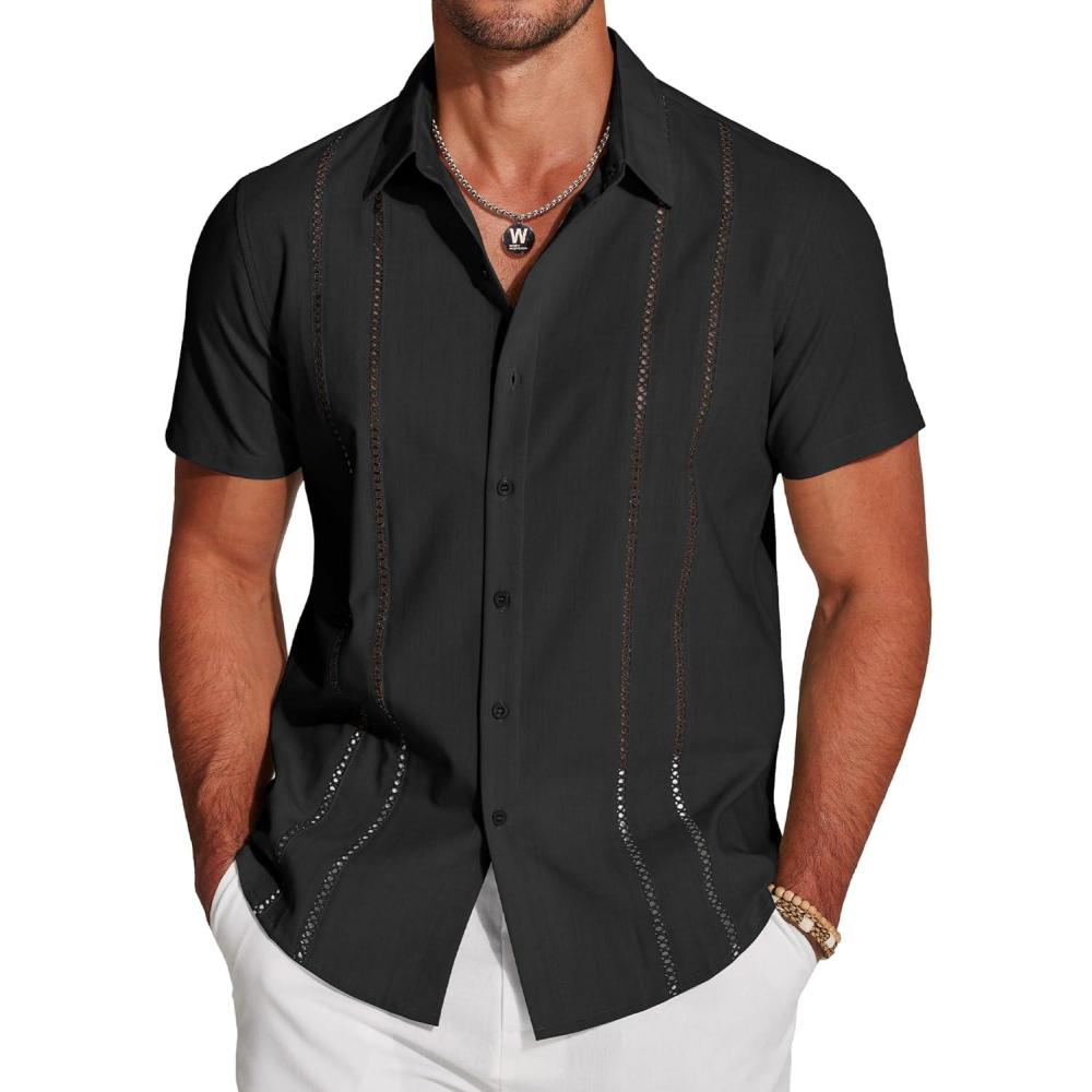 imageCOOFANDY Mens Cuban Guayabera Shirt Short Sleeve Button Down Shirts Casual Summer Beach Linen ShirtsBlack