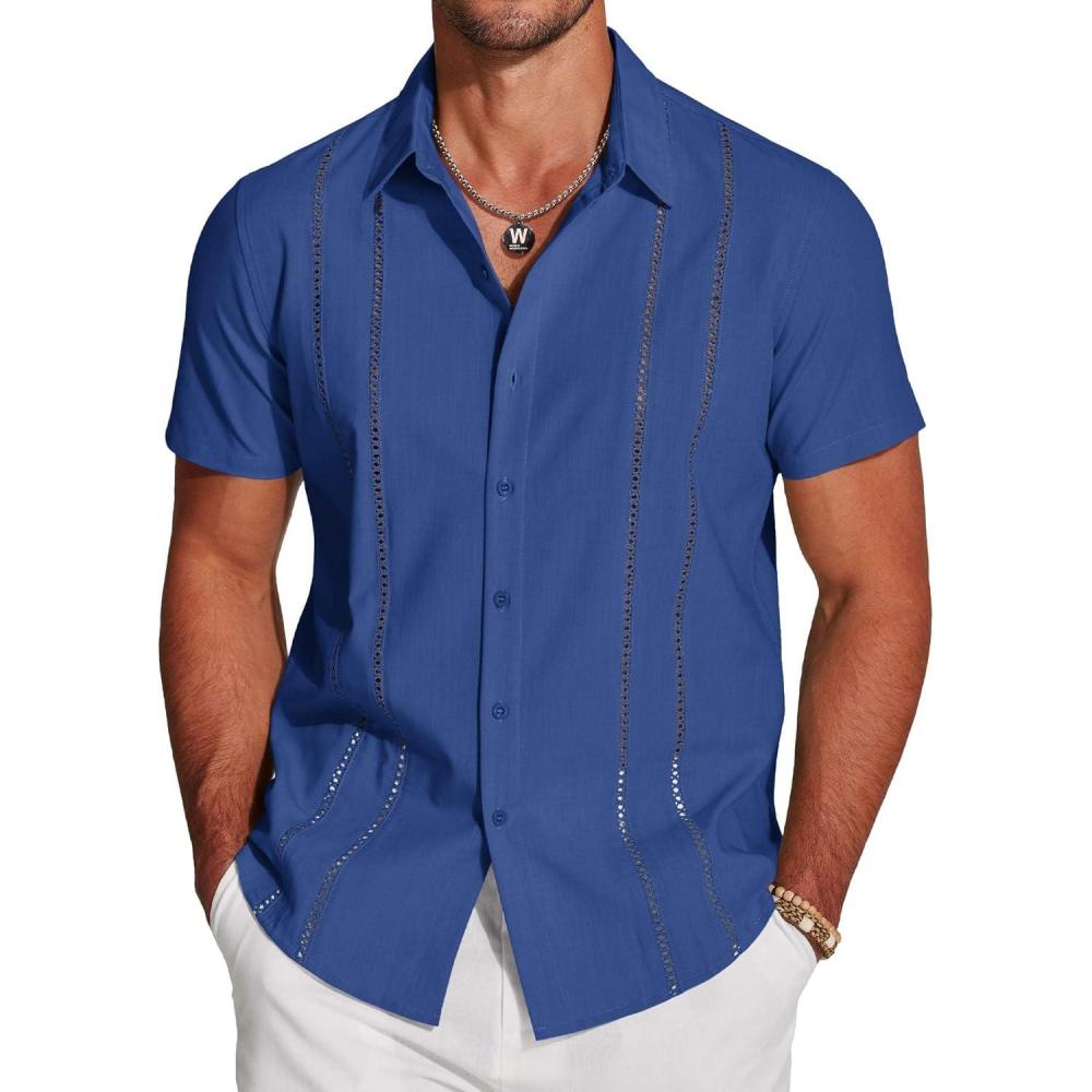 imageCOOFANDY Mens Cuban Guayabera Shirt Short Sleeve Button Down Shirts Casual Summer Beach Linen ShirtsBrilliant Blue