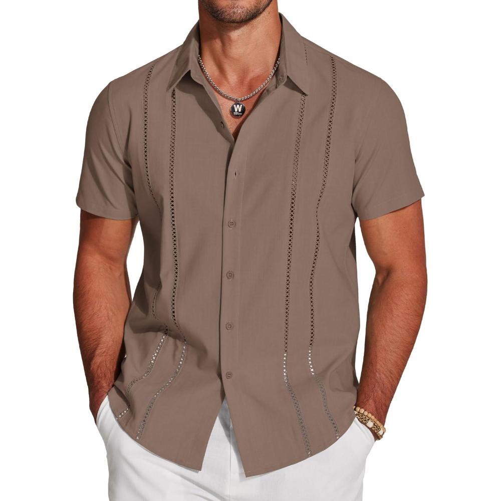 imageCOOFANDY Mens Cuban Guayabera Shirt Short Sleeve Button Down Shirts Casual Summer Beach Linen ShirtsBrown
