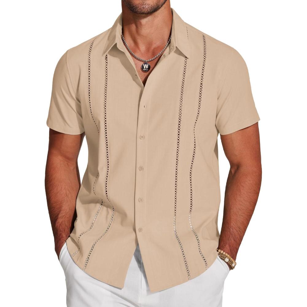 imageCOOFANDY Mens Cuban Guayabera Shirt Short Sleeve Button Down Shirts Casual Summer Beach Linen ShirtsDark Khaki