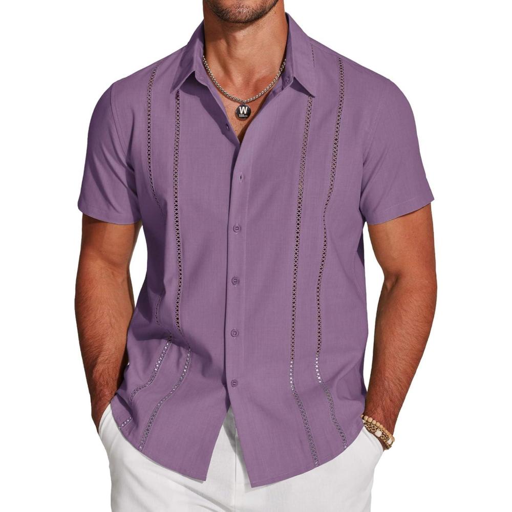imageCOOFANDY Mens Cuban Guayabera Shirt Short Sleeve Button Down Shirts Casual Summer Beach Linen ShirtsDeep Purple