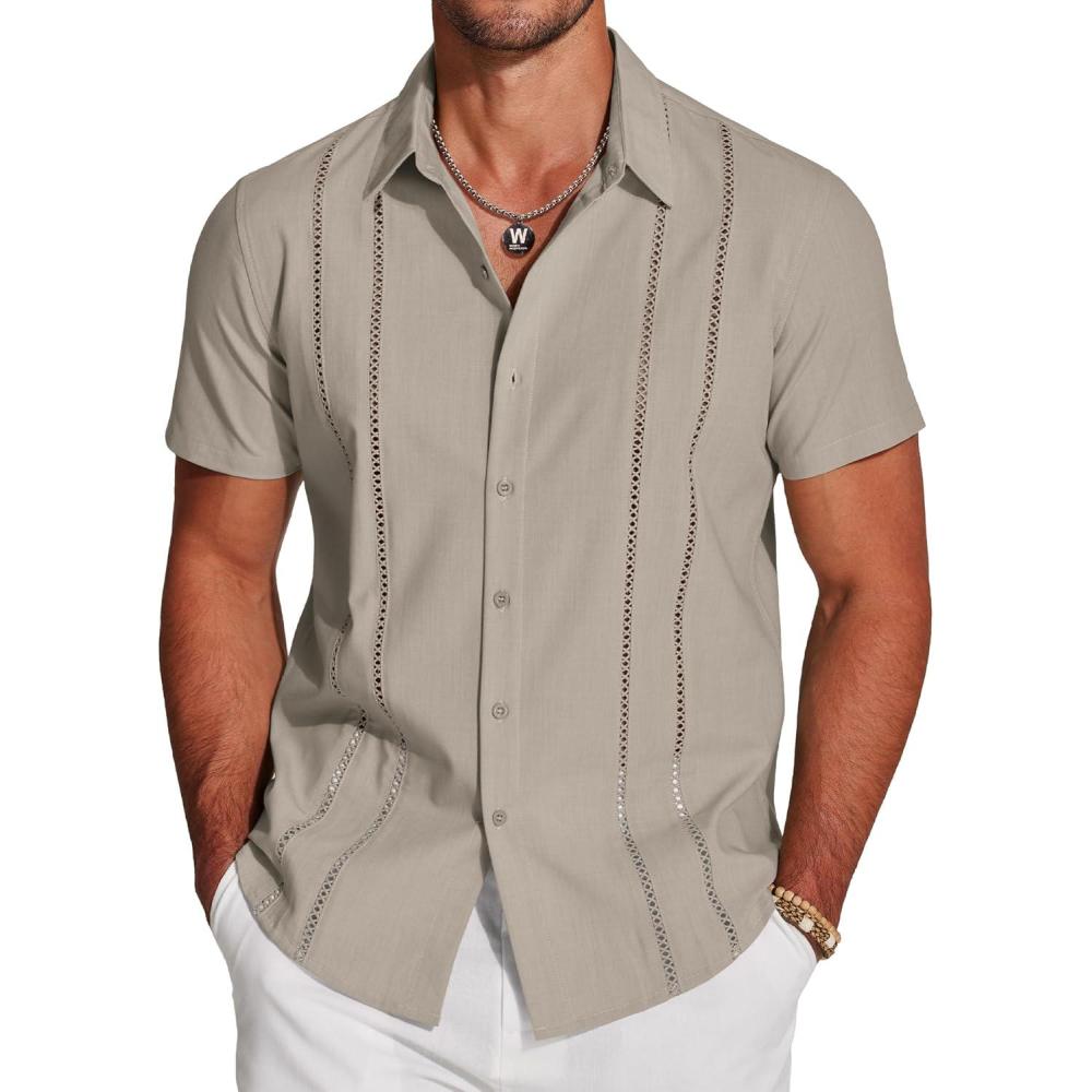 imageCOOFANDY Mens Cuban Guayabera Shirt Short Sleeve Button Down Shirts Casual Summer Beach Linen ShirtsKhaki