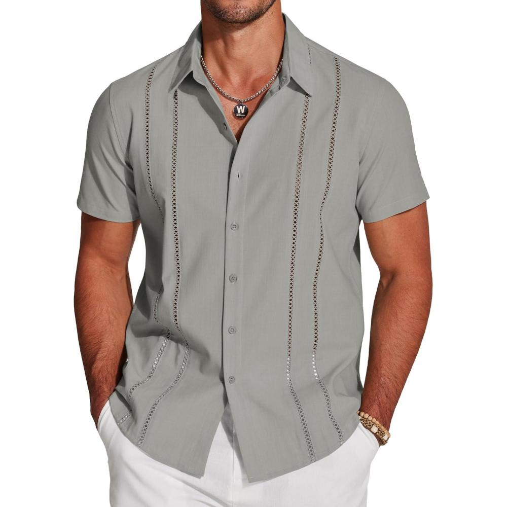 imageCOOFANDY Mens Cuban Guayabera Shirt Short Sleeve Button Down Shirts Casual Summer Beach Linen ShirtsLight Grey