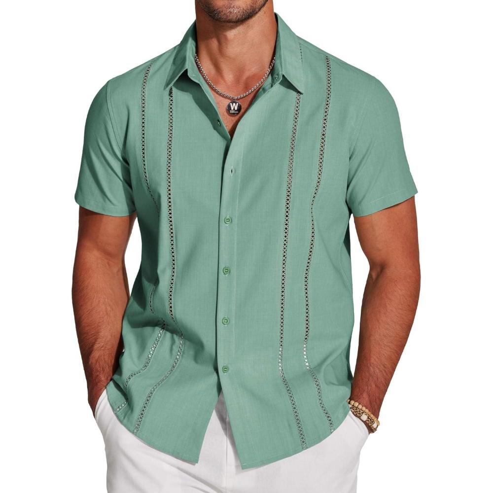 imageCOOFANDY Mens Cuban Guayabera Shirt Short Sleeve Button Down Shirts Casual Summer Beach Linen ShirtsMalachite Green