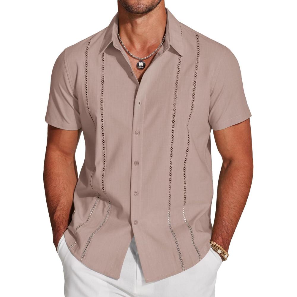 imageCOOFANDY Mens Cuban Guayabera Shirt Short Sleeve Button Down Shirts Casual Summer Beach Linen ShirtsMisty Rose