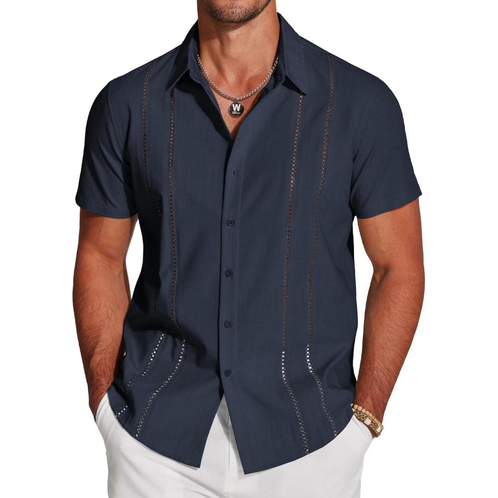 imageCOOFANDY Mens Cuban Guayabera Shirt Short Sleeve Button Down Shirts Casual Summer Beach Linen ShirtsNavy Blue