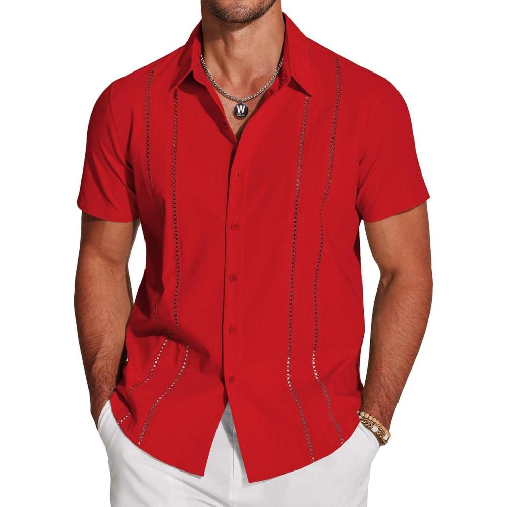 imageCOOFANDY Mens Cuban Guayabera Shirt Short Sleeve Button Down Shirts Casual Summer Beach Linen ShirtsRed