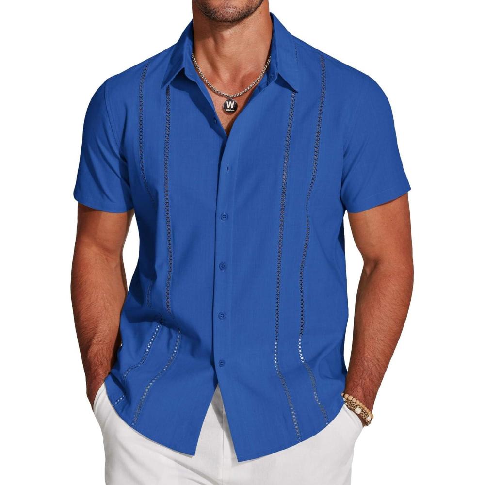 imageCOOFANDY Mens Cuban Guayabera Shirt Short Sleeve Button Down Shirts Casual Summer Beach Linen ShirtsRoyal Blue