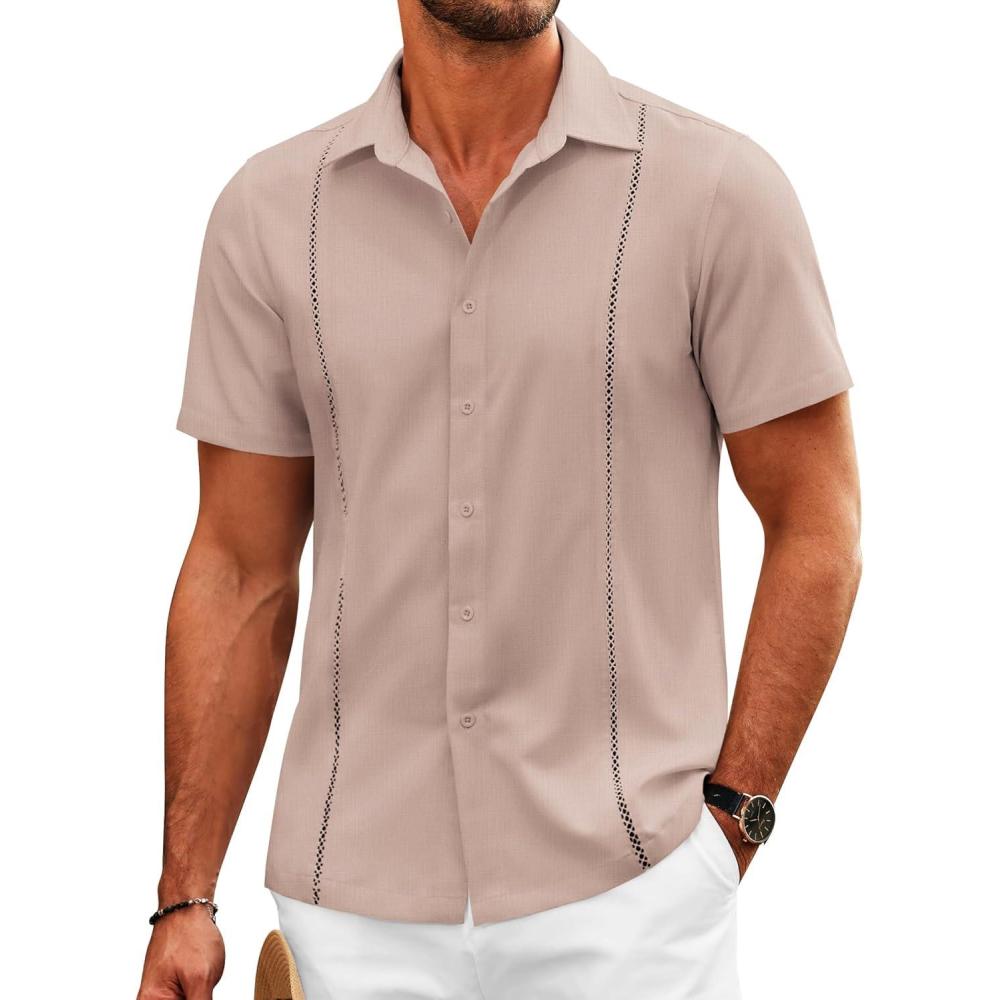 imageCOOFANDY Mens Cuban Guayabera Shirts Short Sleeve Button Down Shirt Lightweight Summer Beach ShirtsPink