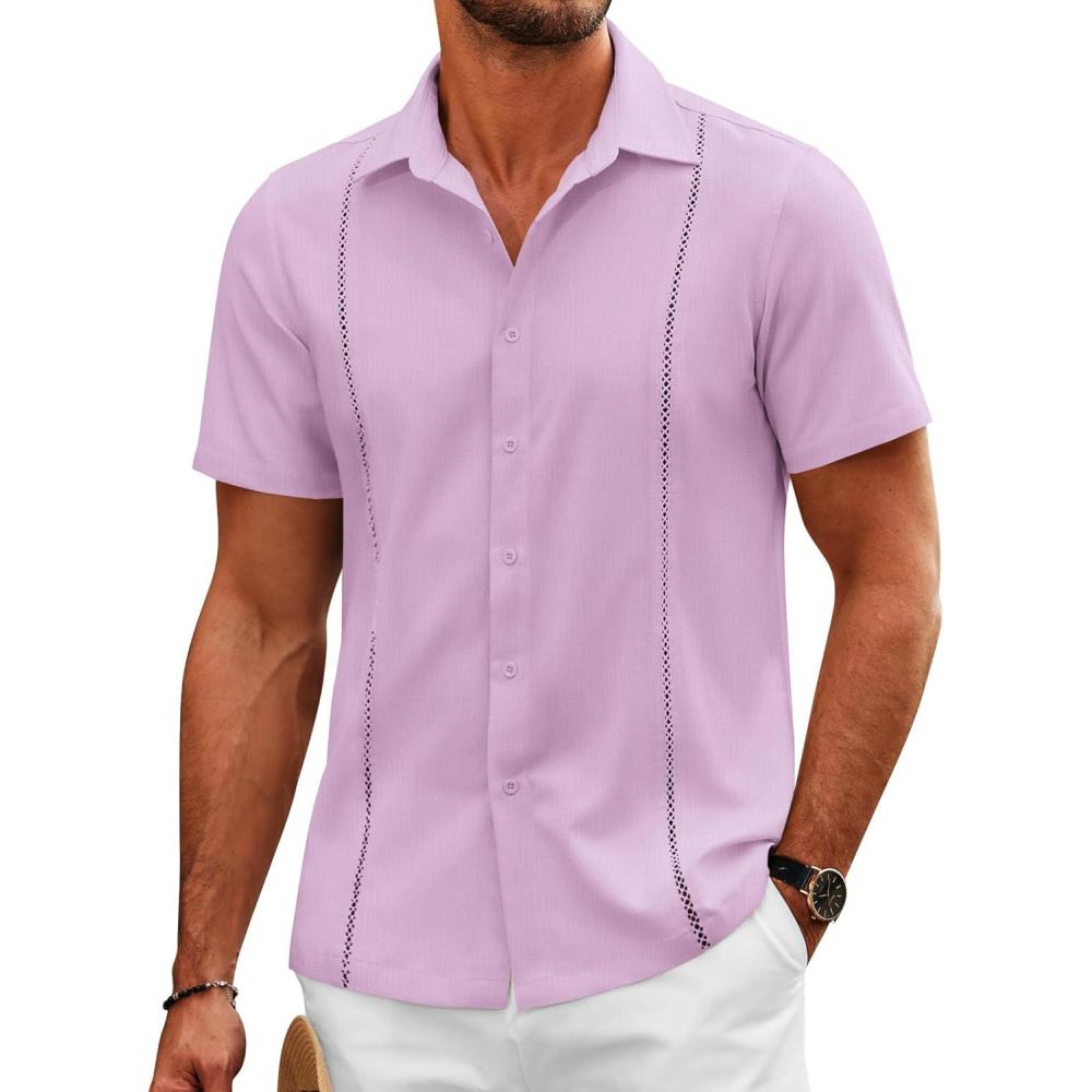imageCOOFANDY Mens Cuban Guayabera Shirts Short Sleeve Button Down Shirt Lightweight Summer Beach ShirtsPurple