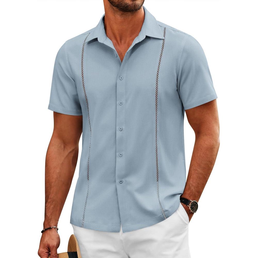 imageCOOFANDY Mens Cuban Guayabera Shirts Short Sleeve Button Down Shirt Lightweight Summer Beach ShirtsSky Blue