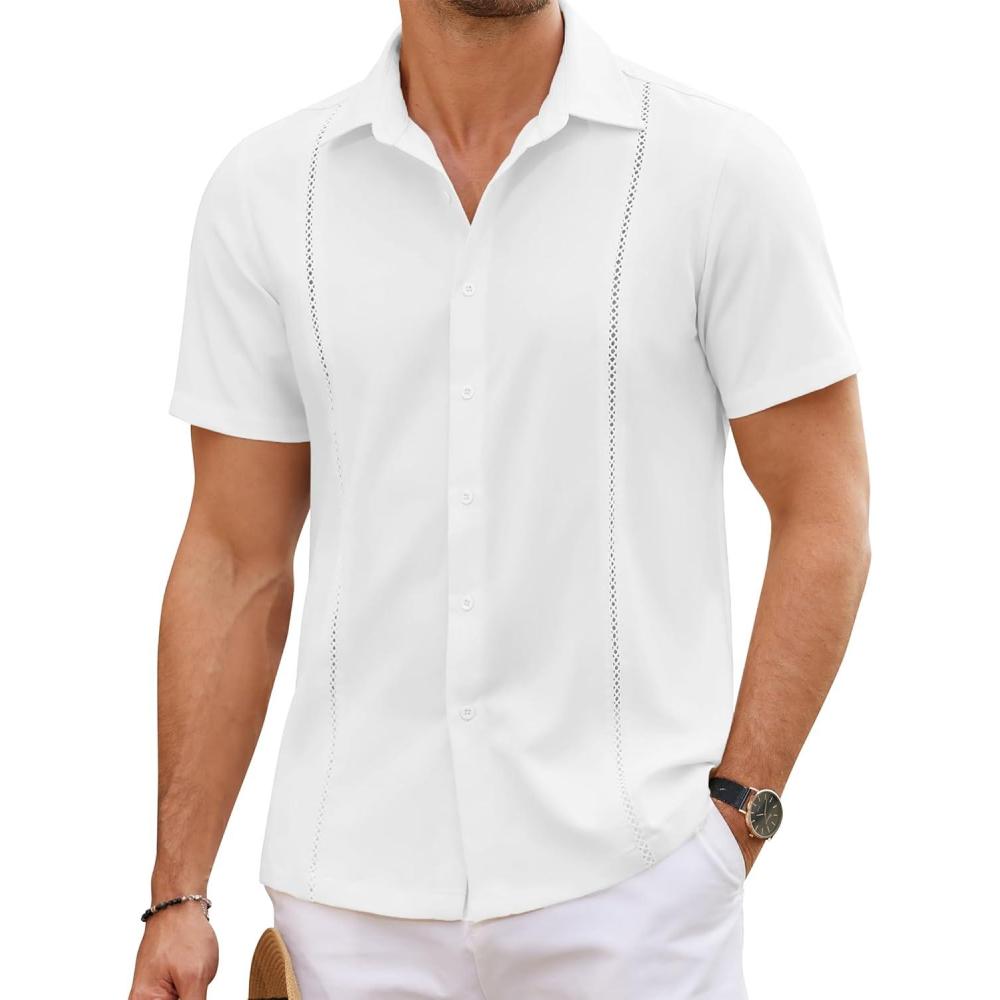 imageCOOFANDY Mens Cuban Guayabera Shirts Short Sleeve Button Down Shirt Lightweight Summer Beach ShirtsWhite