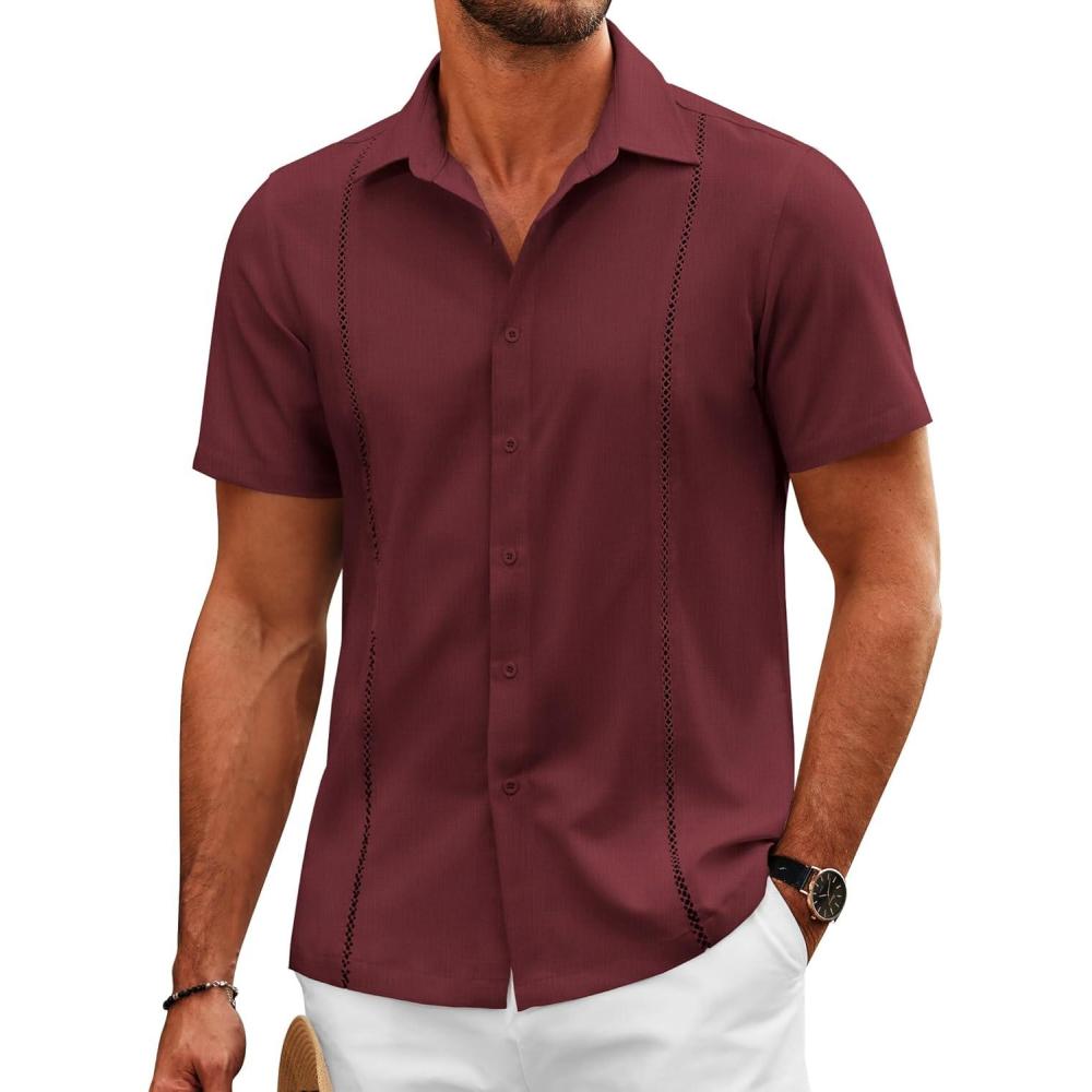 imageCOOFANDY Mens Cuban Guayabera Shirts Short Sleeve Button Down Shirt Lightweight Summer Beach ShirtsWine Red