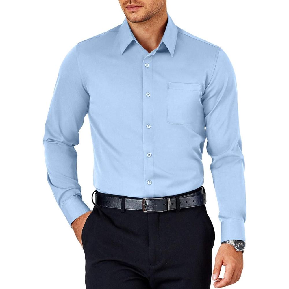 imageCOOFANDY Mens Dress Shirt Long Sleeve Button Down Shirts Business Casual Wrinkle Free Shirts with PocketLight Blue