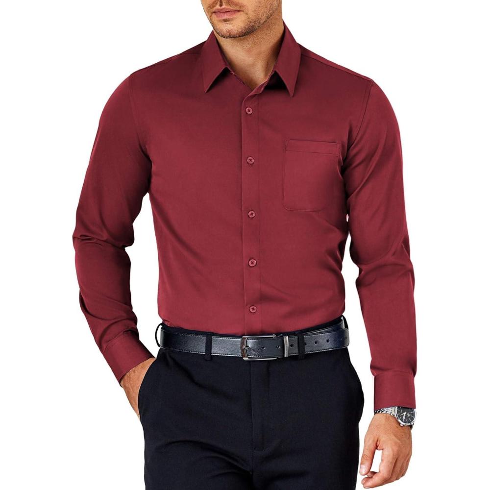 imageCOOFANDY Mens Dress Shirt Long Sleeve Button Down Shirts Business Casual Wrinkle Free Shirts with PocketWine Red