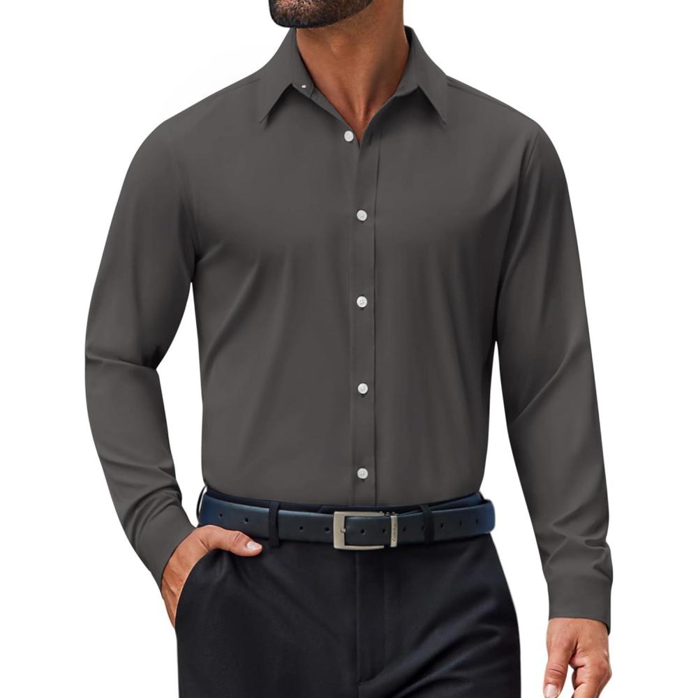 imageCOOFANDY Mens Dress Shirt Long Sleeve Wrinkle Free Formal Shirts Business Casual Button Down ShirtsDark Grey