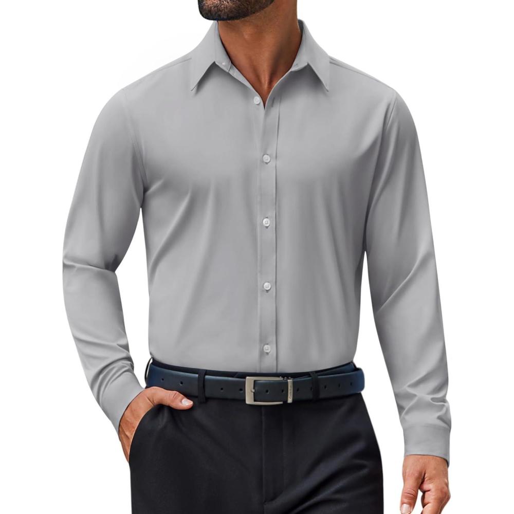 imageCOOFANDY Mens Dress Shirt Long Sleeve Wrinkle Free Formal Shirts Business Casual Button Down ShirtsLight Grey