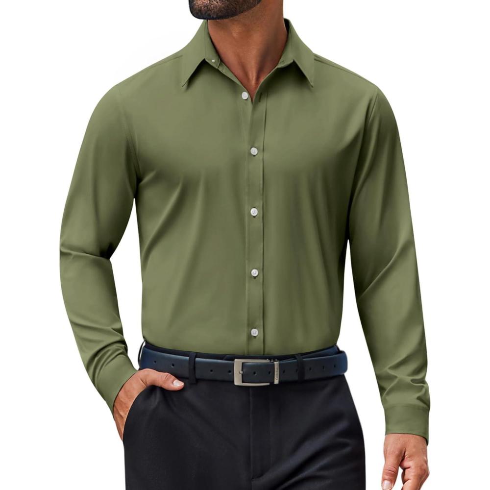 imageCOOFANDY Mens Dress Shirt Long Sleeve Wrinkle Free Formal Shirts Business Casual Button Down ShirtsOlive Green