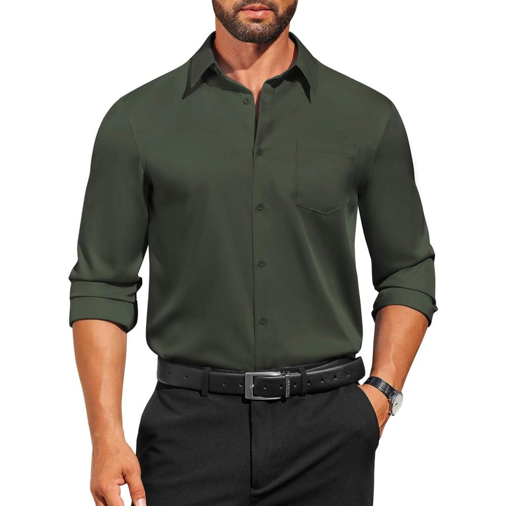 imageCOOFANDY Mens Dress Shirts Long Sleeve Business Casual Button Down Shirts Regular Fit Formal ShirtsDark Army Green