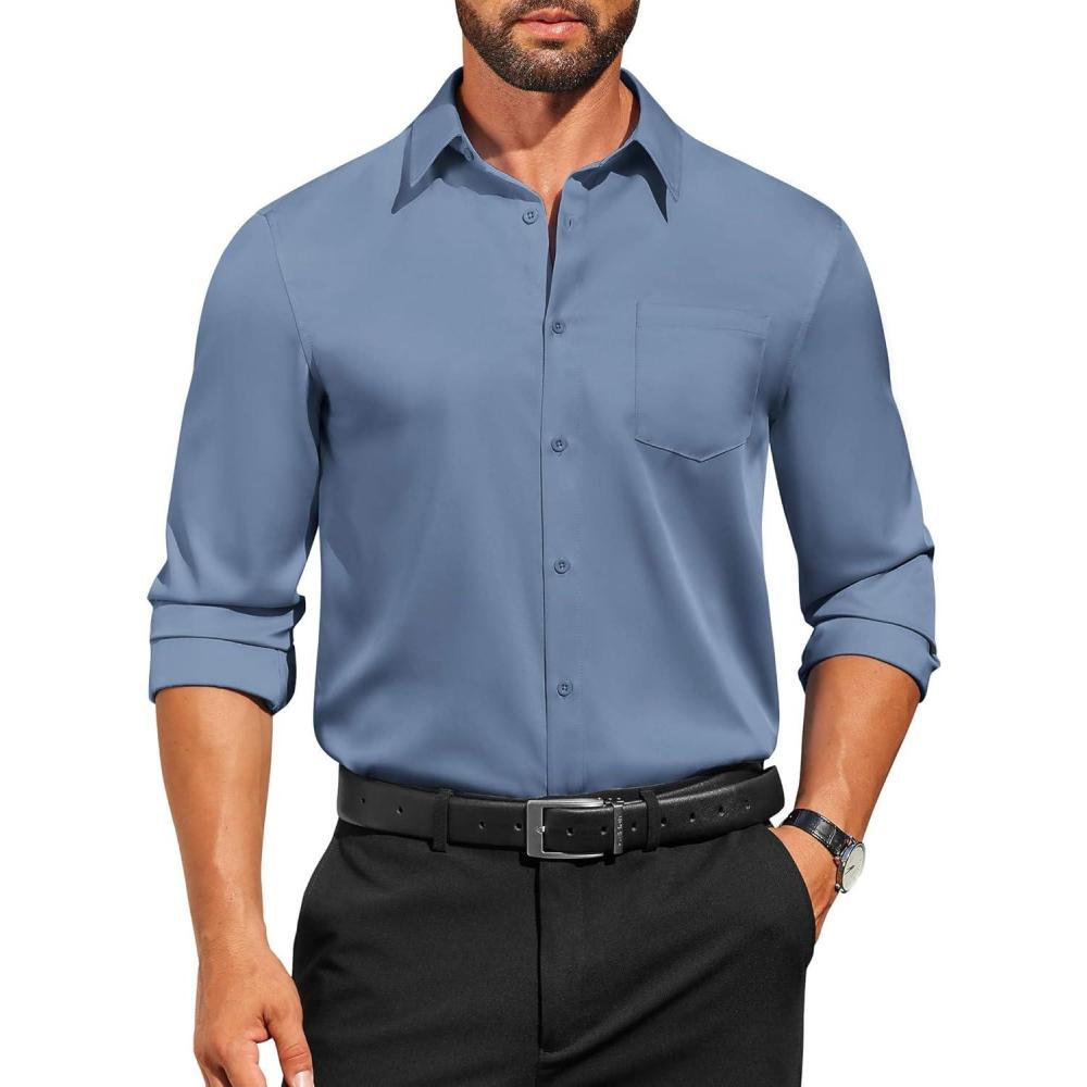 imageCOOFANDY Mens Dress Shirts Long Sleeve Business Casual Button Down Shirts Regular Fit Formal ShirtsGrey Blue
