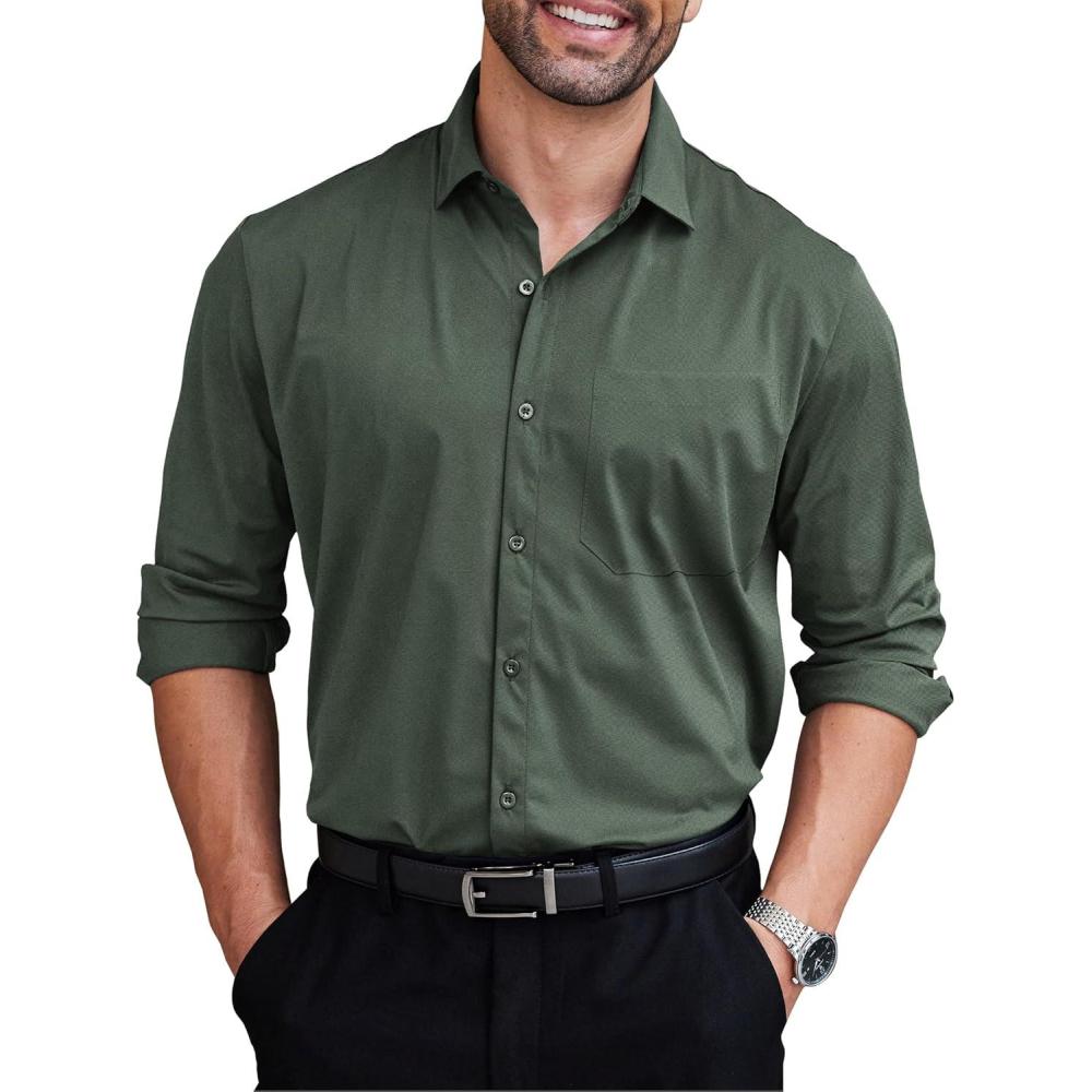 imageCOOFANDY Mens Dress Shirts Long Sleeve Wrinkle Free Shirt Textured Business Casual Button Down ShirtDark Army Green