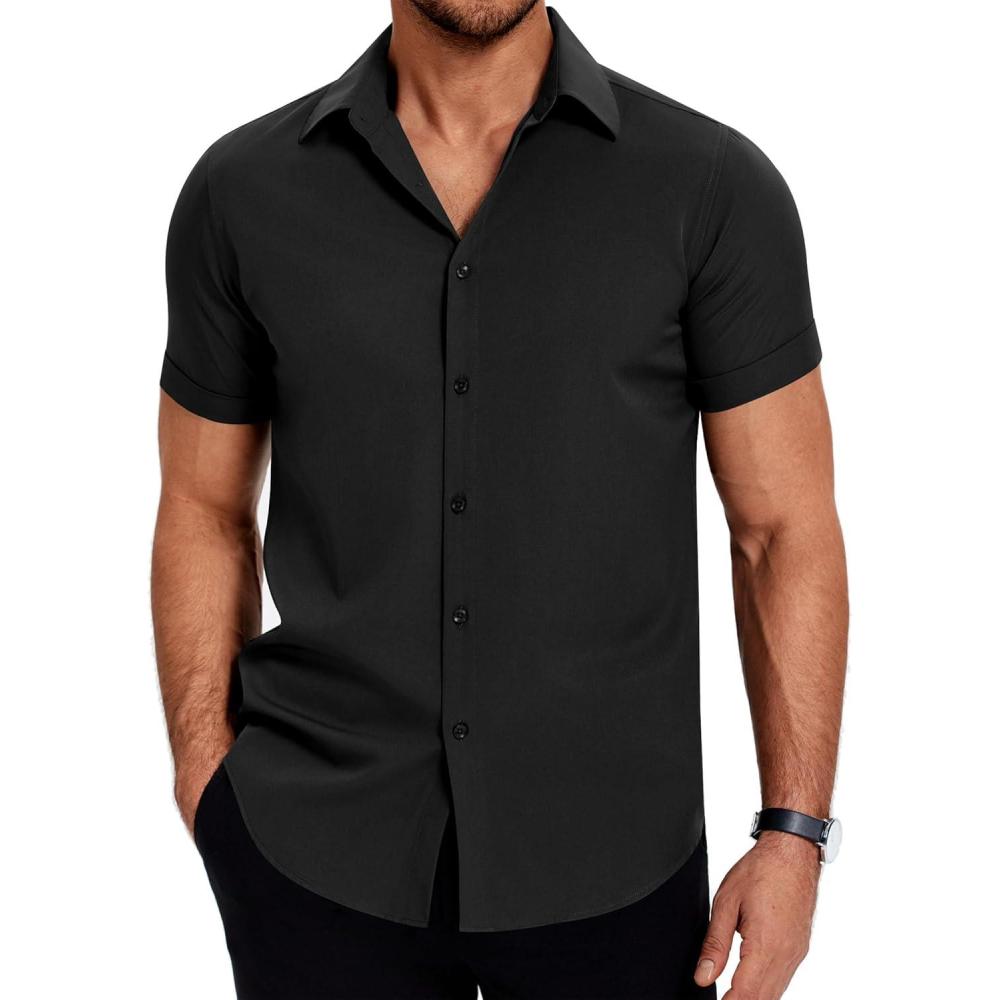 imageCOOFANDY Mens Dress Shirts Short Sleeve Regular Fit Lightweight Untucked Button Down ShirtBlack