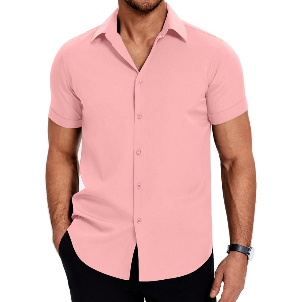 imageCOOFANDY Mens Dress Shirts Short Sleeve Regular Fit Lightweight Untucked Button Down ShirtLight Pink
